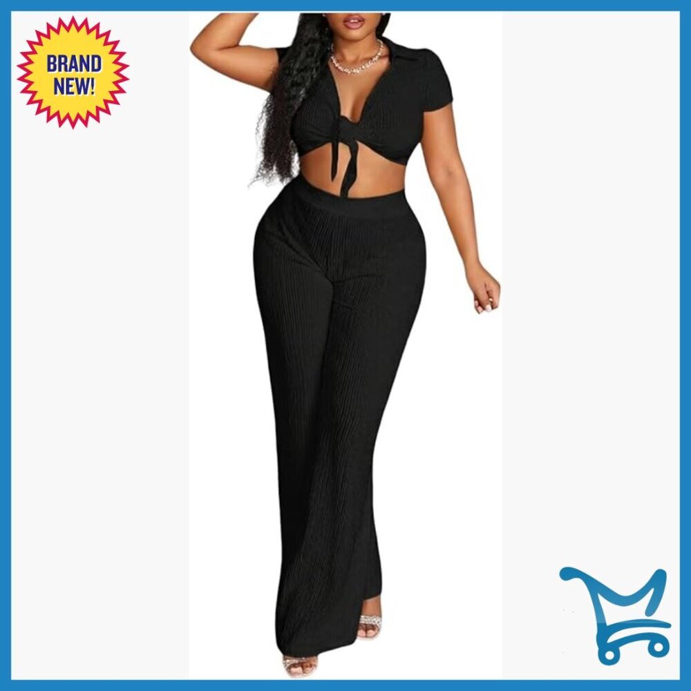 V-Neck Crop Top Wide Leg Pants Matching Set Medium Polyester Vacation Outfit